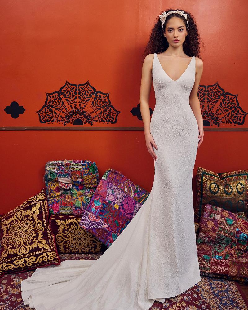 Lp2340 simple v neck wedding dress with low back and tank straps1
